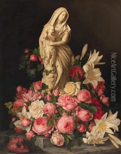 Still Life With Roses And A Madonna Oil Painting - Jenny Fischer