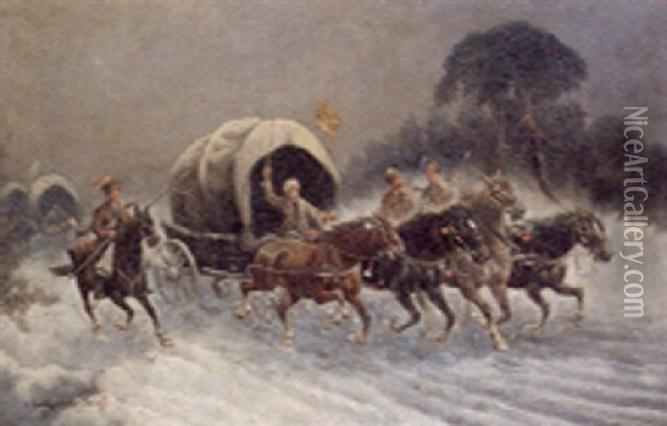 Charging Wagons In A Winter Landscape Oil Painting - Adolf (Constantin) Baumgartner-Stoiloff