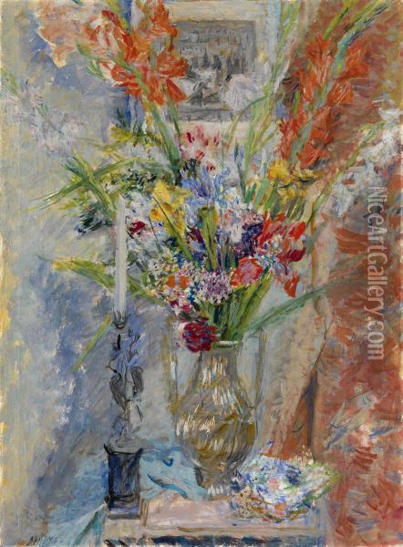 Still Life With Flowers And Candle Oil Painting - Alexis Pawlowitsch Arapoff