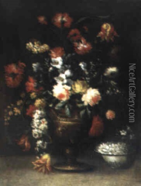Blumenstilleben In Einem Krug Neben Einer Schale Oil Painting - Margherita Caffi