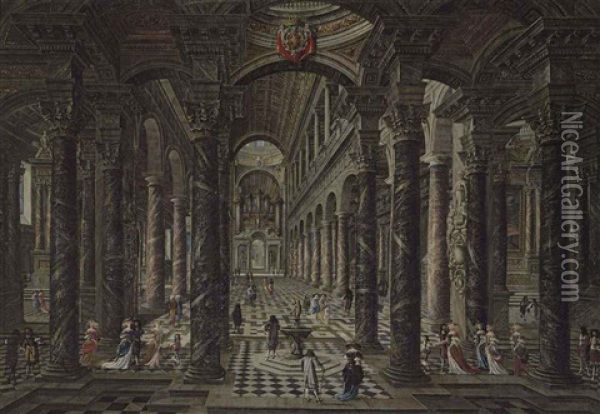 Interior Of A Baroque Church With Elegant Figures Oil Painting - Wilhelm Schubert van Ehrenberg
