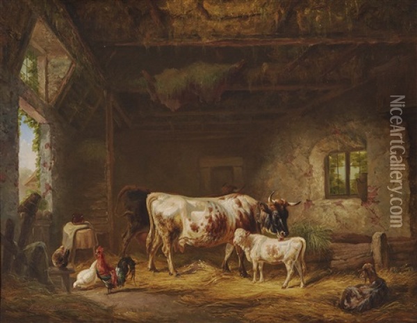 Cows And Chickens In The Barn Oil Painting - Louis (Ludwig) Reinhardt