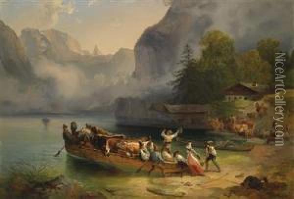 School Embarkment At The Konigssee Oil Painting - Friedrich Gauermann