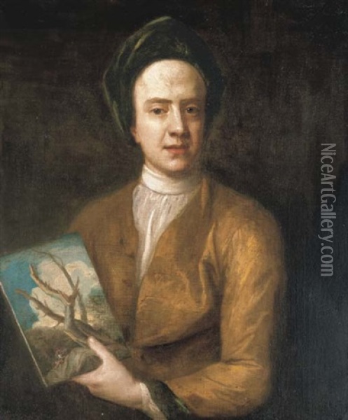 Portrait Of An Artist (joseph Goupy?), Half-length, Holding A Landscape Painting In The Style Of Salvator Rosa Oil Painting - Michael Dahl