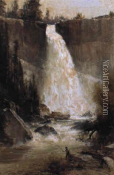 Fishing Beside Bridal Veil Falls Oil Painting - Thomas Hill