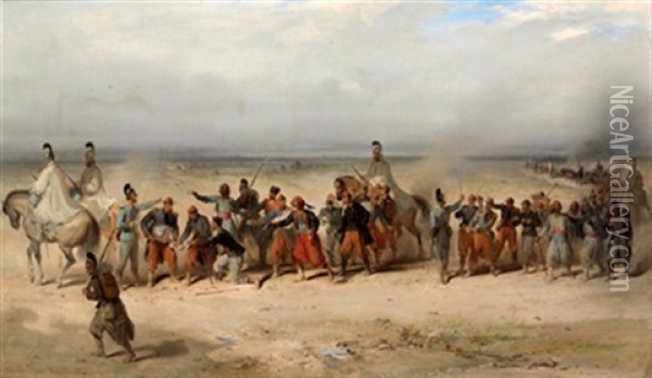 Szene Aus Dem Deutsch-franzosischen Krieg 1870/71. Bayrische Kurassiere Fuhren Eine Lange Kolonne Franzosischer Gefangener Ab, Darunter Franz. Turkos Und Zuaven Oil Painting - Joseph Van Severdonck