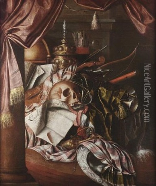 A Vanitas Still Life With A Globe, A Silver Gilt Chalice, A Bow, A Quiver, A Ewer, A Silver Dish And Various Musical Instruments On A Table Beneath A Mauve Curtain Oil Painting - Franciscus Gysbrechts