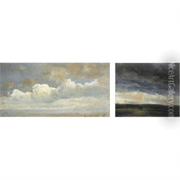 Skystudie-cloud Study (+ Skystudie Og Landskap-cloud Study And Landscape, Smllr; 2 Works) Oil Painting - Johan Christian Dahl