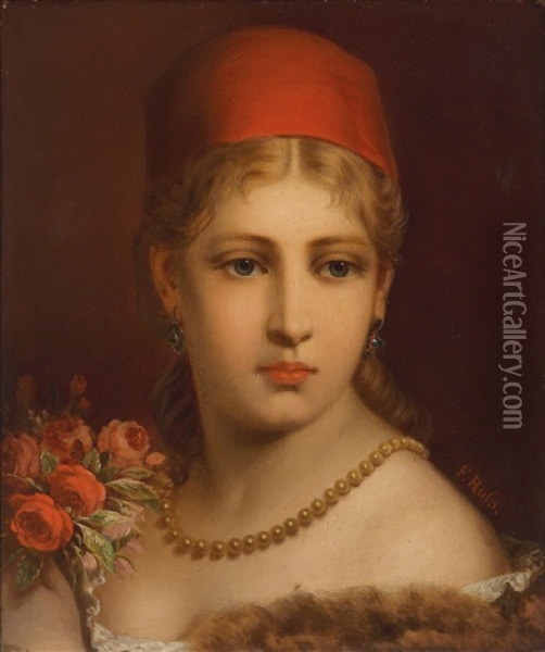 Portrait Of A Girl With Red Cap And Pearl Necklace Oil Painting - Franz Russ the Younger