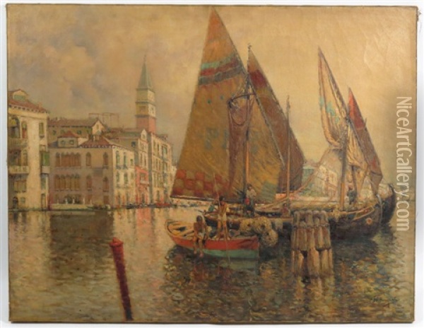 Venetian Canal With Docked Sail Boats Oil Painting - Nicholas Briganti