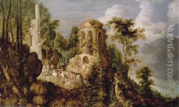 A Rocky Landscape With A Stream And Classical Ruins, With The Reconcilliation Of Jacob And Laban Oil Painting - Roelandt Savery