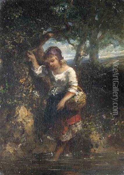 A Young Girl, Crossing A Stream Oil Painting - Mari ten Kate