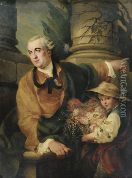Portrait Of Charles Claude Flahault De La Billarderie, Comte D'angiviller (1730-1810), Three-quarter Length, With A Child Holding A Basket Of Flowers Oil Painting - Louis Gabriel Blanchet