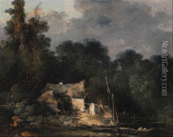 A Wooded Landscape With A Cottage By A River Oil Painting - Louis Gabriel Moreau the Elder