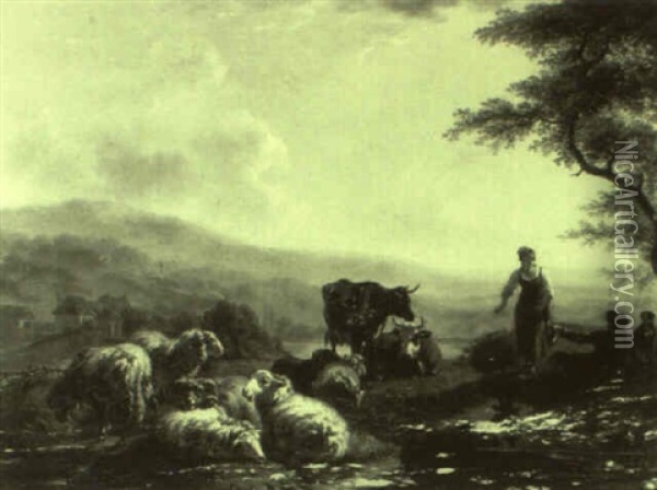 Peasants Resting With Cattle In A Sunlit Landscape Oil Painting - Balthasar Paul Ommeganck