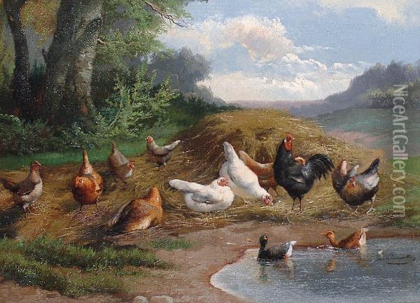 Chickens. Oil Painting - Jef Louis Van Leemputten