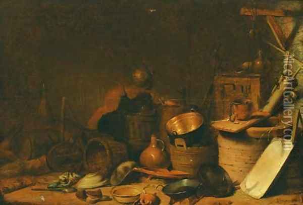 A kitchen interior with a well, pots, pans and baskets Oil Painting - Cornelis Saftleven