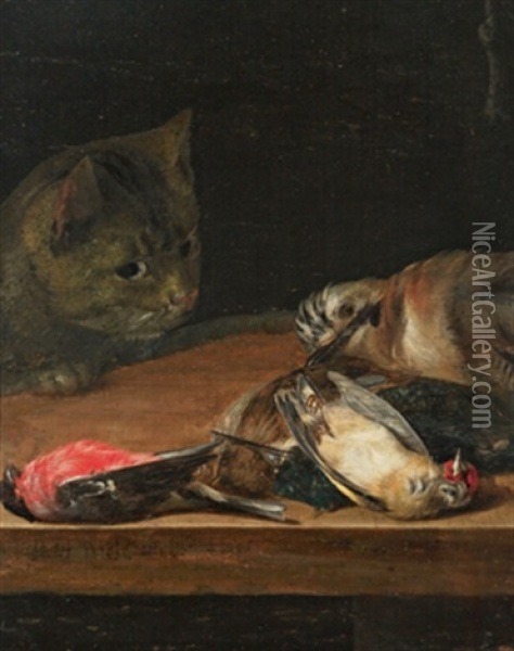 Erlegte Singvogel Mit Katze Oil Painting - Pieter Boel
