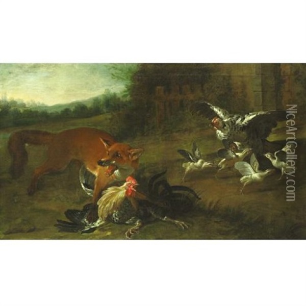 Fox Attacking Chickens Oil Painting - Pieter Casteels III