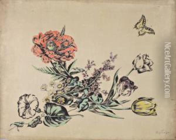 Bouquet De Fleurs Au Papillon Oil Painting - Sei Koyanagui