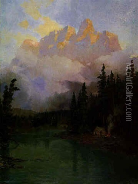 Morning Campfire Below Castle Mountain Oil Painting - Frederic Marlett Bell-Smith