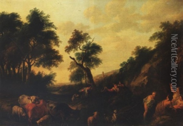 An Italianate Landscape With Shepherds Surprising Nymphs Bathing At A Stream Oil Painting - Franciscus Xavery