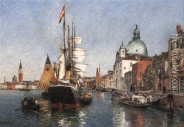 A Frigate Anchored In Venice Oil Painting - Gaston Marie Anatole Roullet