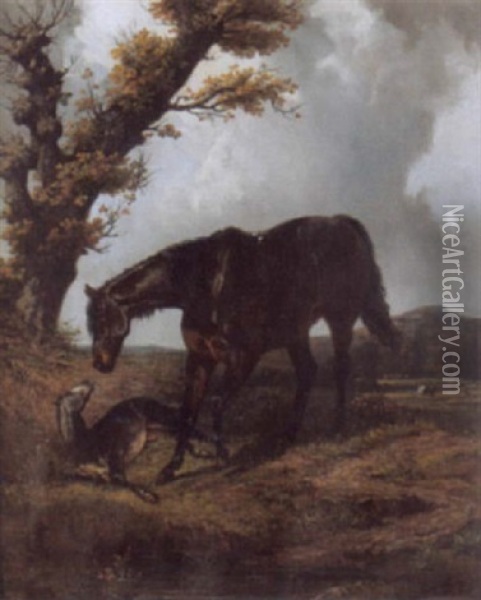 Landschaft Mit Stute Und Fohlen Oil Painting - Henri d'Ainecy Montpezat