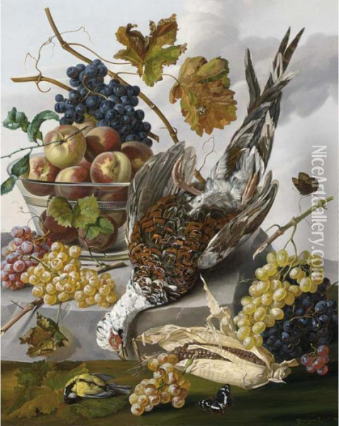 A Hunting Still Life With A Pheasant, Grapes, Peaches And Butterflies On A Stone Ledge Oil Painting - Leopold Zinnogger