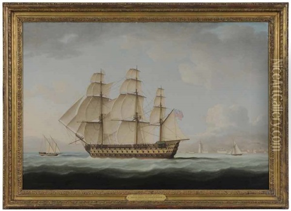 British Man-o-war Passing Through The Straights Of Messina Oil Painting - Thomas Buttersworth Jr.