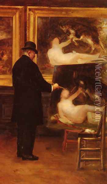 Autoportrait: Copiant Un Tableau De Bouguereau (Self Portrait: Copying A Painting By Bouguereau) Oil Painting - George Louis Hyon