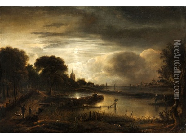 Flusslandschaft Bei Mondschein Oil Painting - Aert van der Neer