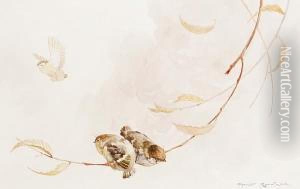 Sparrows On A Branch Oil Painting - Harry Rountree