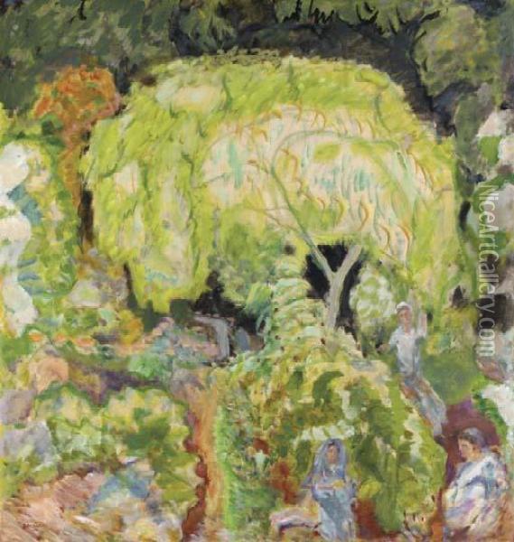 Paysage A Trois Personnages Et 
Saule (etude Pour La Decoration'l'automne, Les Vendanges') Oil Painting - Pierre Bonnard