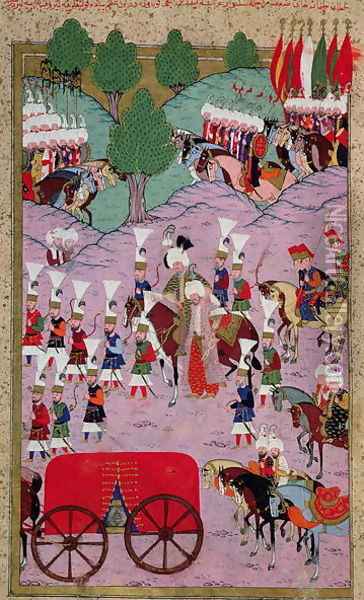 TSM H.1524 Hunername The Army of Suleyman the Magnificent 1494-1566 Leave for Europe, from the Book of Excellence by Lokman, 1588 Oil Painting - I the Magnificent Suleyman