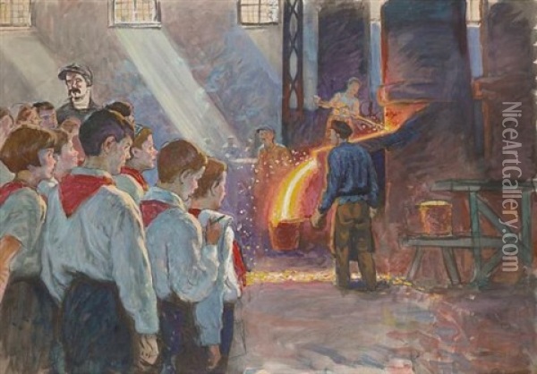 Young Pioneers In A Foundry Oil Painting - Boris J. Vladimirsky