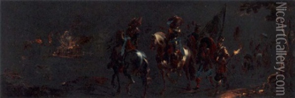 Calvarists And Soldiers In A Nocturnal Landscape Oil Painting - Leonard Bramer