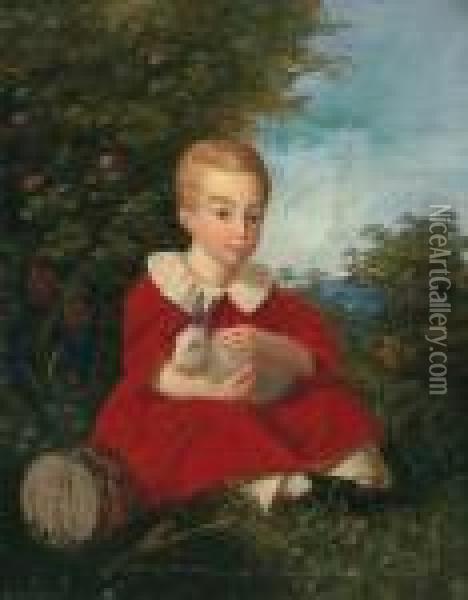 Portrait Of A Boy Holding A Miniature Rabbit In His Arms Oil Painting - Josef Weidner