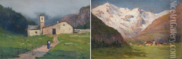 Verso Casa E Cime Innevate (2 Works) Oil Painting - Giovanni Colmo