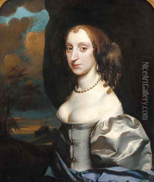 Portrait of a lady, half-length, in a white dress with blue wrap, in a landscape Oil Painting - (circle of) Russel, Theodore