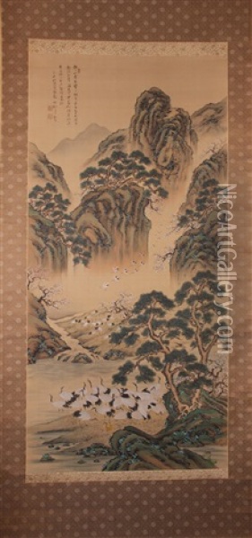 Cranes And Chinese Landscape Oil Painting - Tachika Chikuson