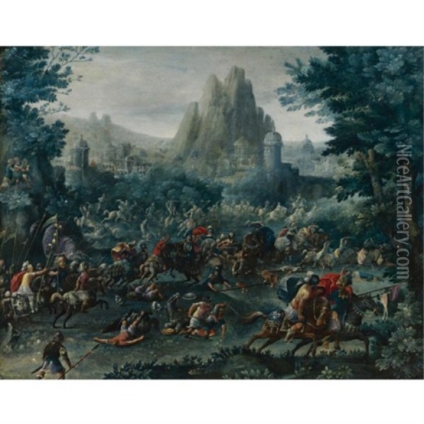 Cavalry Skirmish With A Mountainous Landscape Beyond Oil Painting - Frans Francken the Elder