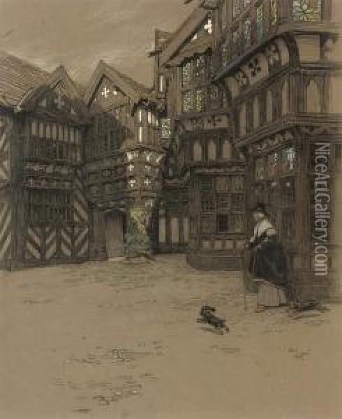 A Servant And Her Dogs Waiting Outside Moreton Old Hall,cheshire Oil Painting - Cecil Charles Aldin