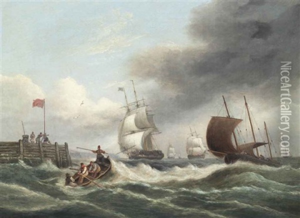 Merchantmen Running Into The Harbour At Teignmouth In A Strengthening Breeze Oil Painting - Thomas Luny