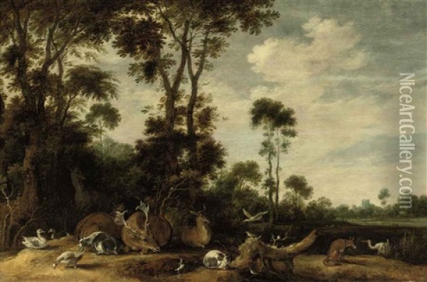 Deer, A Goat, A Fox, A Cat, Ducks And Other Birds In A Wooded Landscape Oil Painting - Gillis Claesz De Hondecoeter