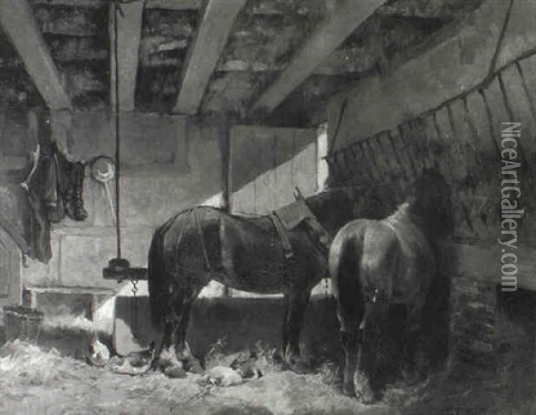 Horses In A Stable Oil Painting - Frans Van Leemputten