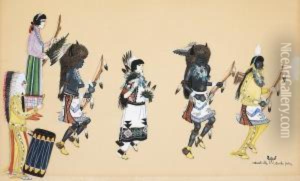 Depicting A Pueblo Ceremonial With Six Participants Oil Painting - Tonita Pena