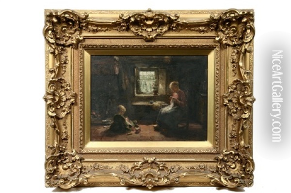 Mother And Daughter Sewing At Window's Light Oil Painting - Evert Pieters