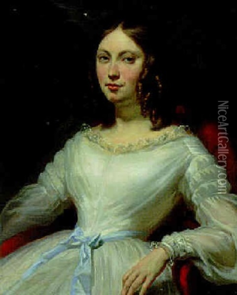 Portrait Of A Lady, Wearing A White Dress With Blue Sash Oil Painting - Jean-Hilaire Belloc