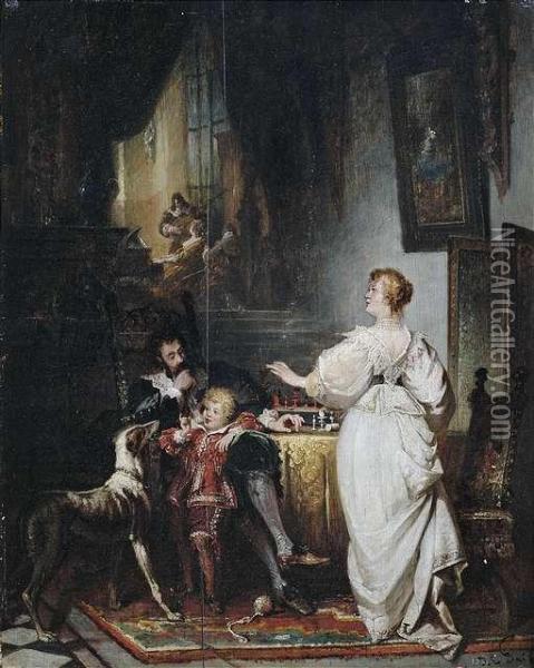 A Family In Ahistoric Interior. Oil Painting - Jacob Emmanuel Gaisser